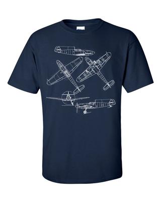 Unisex Shirt Cotton Oversize Large Size Messerschmitt Bf 109 F Fighter Aircraft Technical Drawing Blueprint WW2 T-Shirt