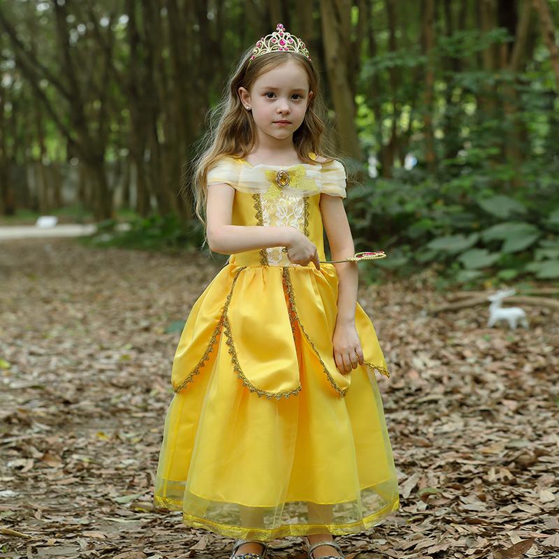 Костюм Красавицы и Чудовища для девочек, карнавальное нарядное платье на Рождество, Хэллоуин, бальное платье красавицы принцессы на день рождения, желтое, 3, 4, 5, 6, 7, 8, 9, 10 лет