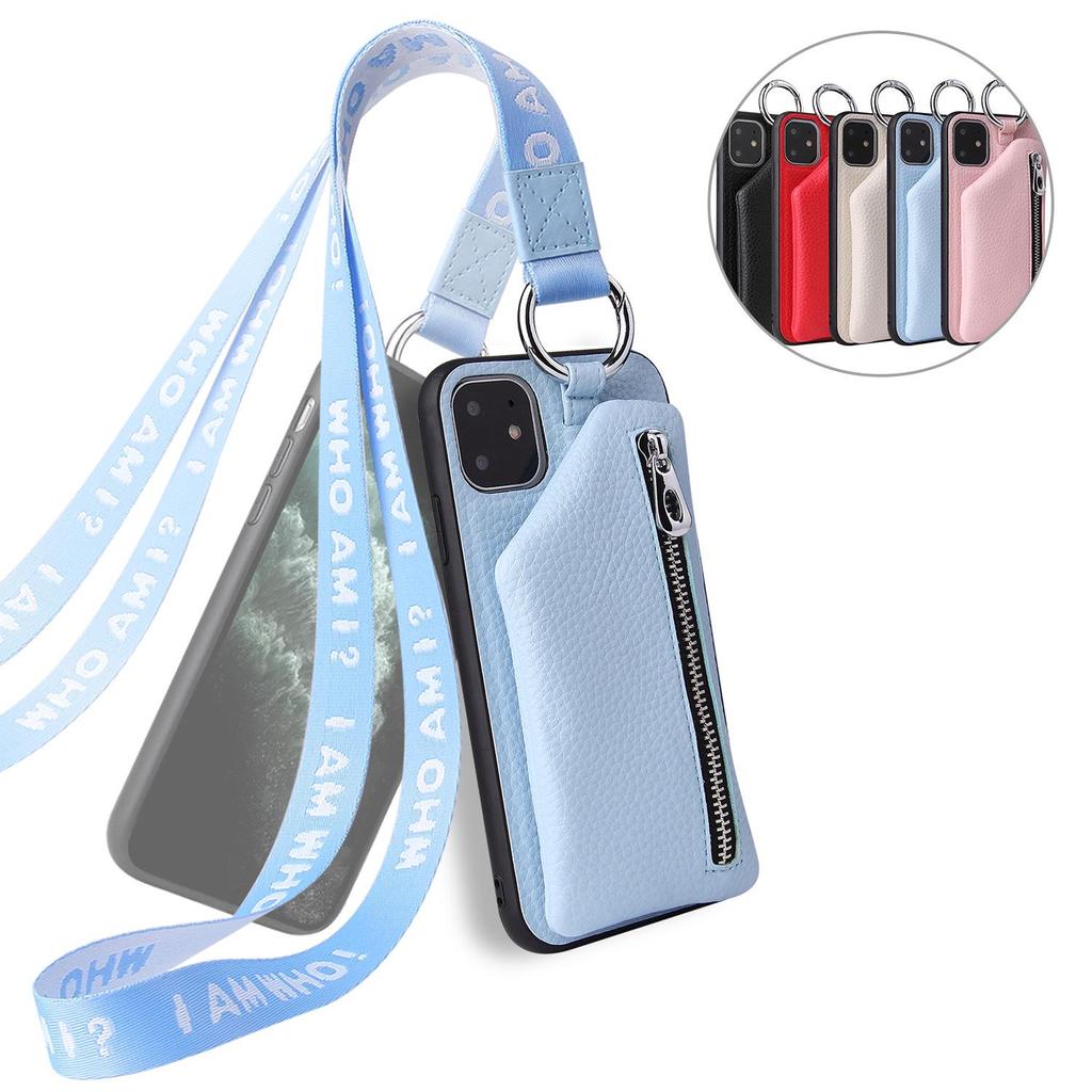"Leather Case for iPhone 11/12 Pro Max/XS with Coin Purse and Lanyard"