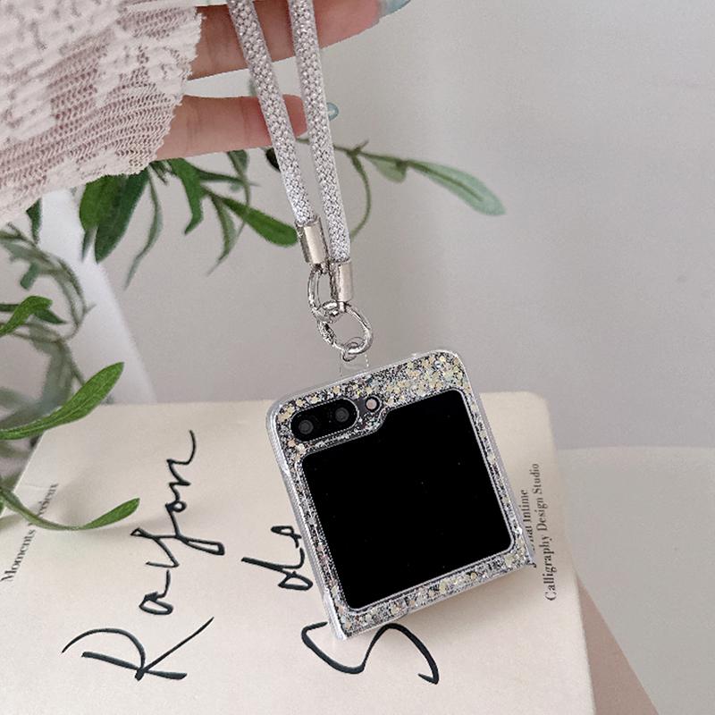 Korean Glitter Cute Phone Case For Samsung Galaxy Z Flip 8 7 6 5 Z Flip7 Flip6 Flip5 Cover with Stand Holder Chain Cases Funda