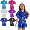 Girls Sparkling Sequins Jumpsuit V Neck Cap Sleeve Bodysuit Birthday Party Stage Performance Costume