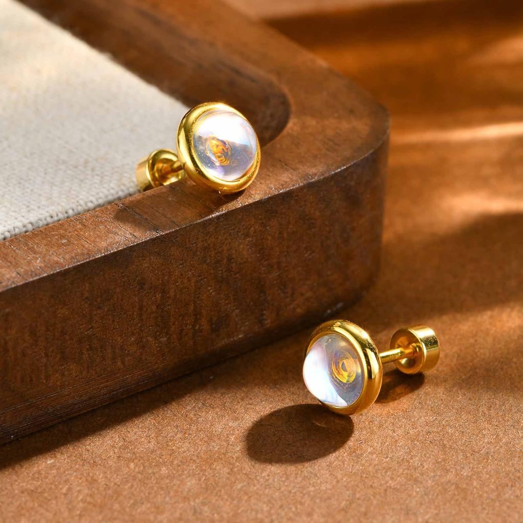 Circle Moonstone Stud Earrings for Women, Natural Stone Luxury Personality Exquisite Girls Charm Jewelry Gift