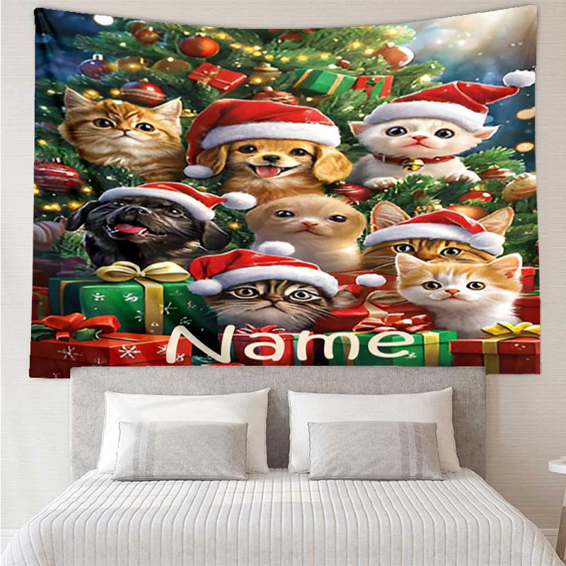 Custom Name Christmas Dog Print Tapestry, Backdrop, Easy Setup, Ideal for Bedroom, Office & Living Room, with Aesthetic Wall Hanging Decor.