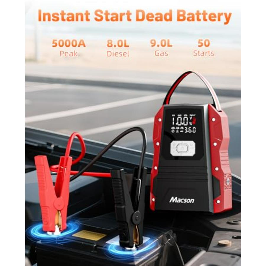 5000A Jump Starter with Air Compressor - Portable 12V Jump Box Battery Pack for 9.0L Gas/8.0L Diesel Engines Car Jumper Starter