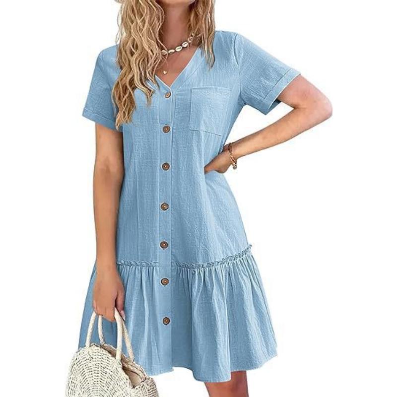 Women's Summer Cotton Linen Dress, Loose Button Down V Neck Short Sleeve Ruffle Hem Casual Dress with Pockets