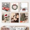 Winter Forest Snow Scene Red Truck Wall Art Poster Christmas Tree Gingerbread Man Holiday Canvas Painting for Bedroom Decoration