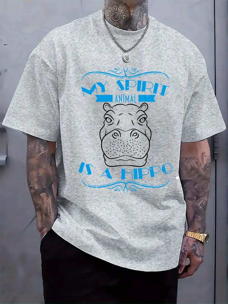 Casual Crew Neck T-shirt with Hippo Graphic Print - "My Spirit Animal is a Hippo" Design