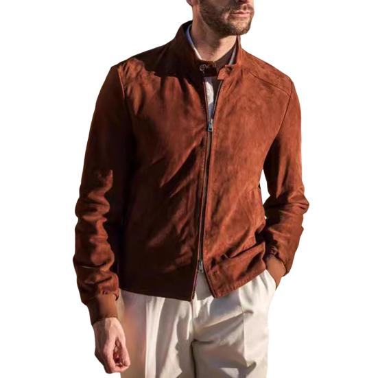 Мужское пальто с воротником-стойкой, длинным рукавом, однотонная замшевая куртка с двусторонними карманами на молнии, приталенная верхняя одежда