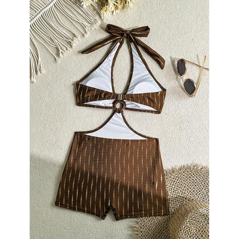 Sexy Brown Shiny Halter Backless Swimwear One Piece Swimsuit Women Shorts Bathing Swimming Suit Metal Ring