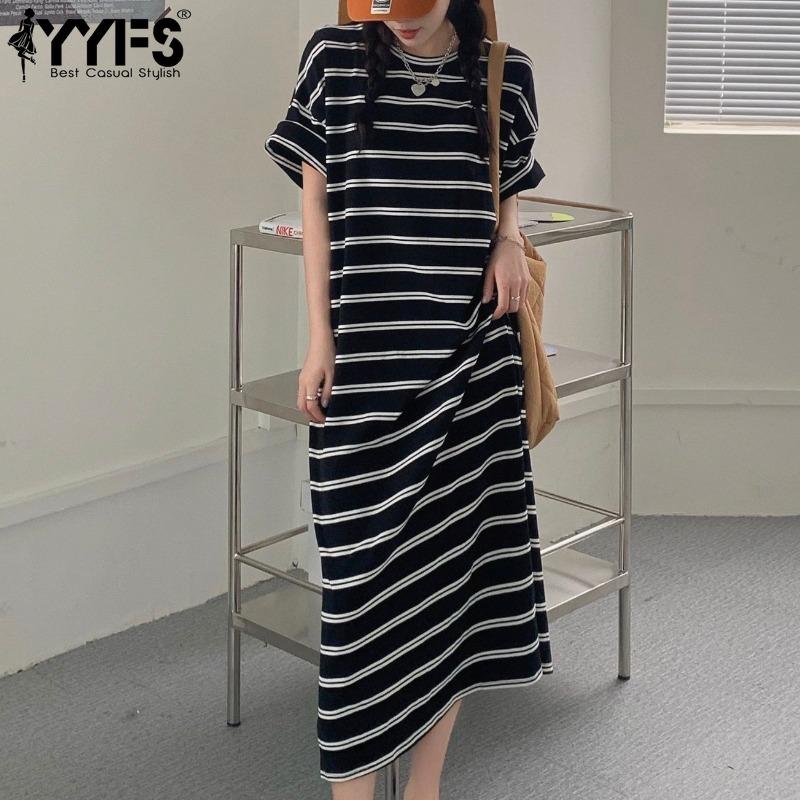 YYFS Женская мода Лето Весна Полосатый принт Рукава 1/2 Круглый вырез Свободная талия Повседневные платья