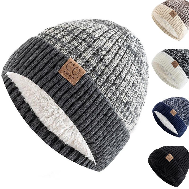 New Unisex Two-Tone Winter Hats Add Fur Lined Men And Women Fashion Warm Beanie Cap Casual Winter Knitted Hats EMA
