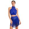 Womens Chacha Salsa Dance Outfit Halter Sleeveless Backless Shiny Ruched Crop Top Tiered Tassels Skirt Built In Shorts