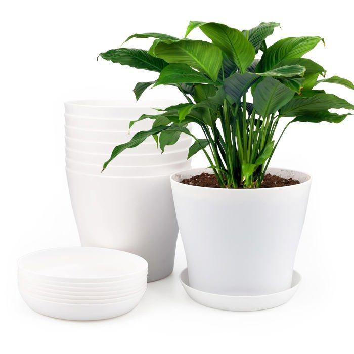 Lot de 8 pots de fleurs plastique 17 cm - cache-pots percés avec soucoupes, drainage, blanc