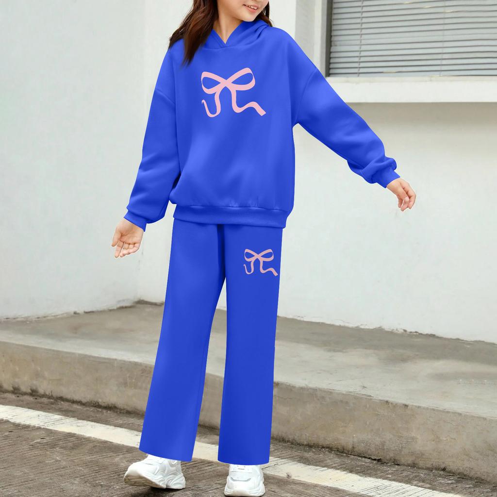 Kids' Plush Long Sleeve Long Pants Loose Pullover Bow Print Hoodie Set