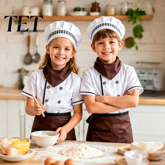 Adjustable Apron And Hat Set Kids Chef Costume for Boys Girls, Comfortable Cooking Outfit with Stage Performance Suit Role Play Baking Activities