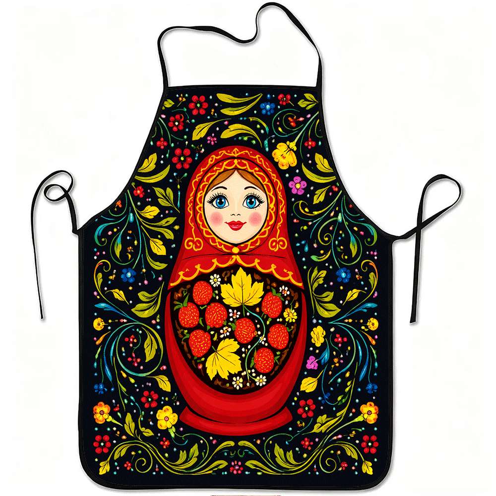 1 Piece of Apron with Exotic Theme, Vintage Design with Russian Nesting Dolls and Floral Patterns, Unisex, Perfect for Crafts, Baking, Painting, Kitch