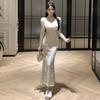 Women's Celebrity Square Neck Long Sleeve Knitted Dress Fishtail Dress