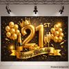 2D flat banner for 21st birthday party - black and gold theme with a golden crown.