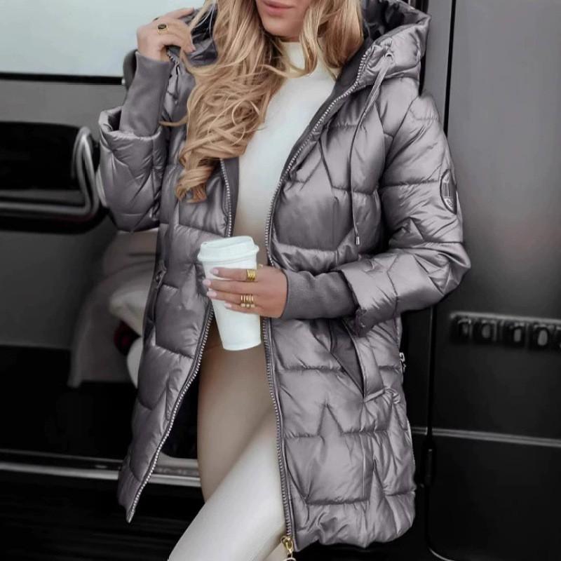 Womens Oversized Hooded Cotton Puffer Coat Mid-Length Zip-Up Winter Jacket In Solid Colors