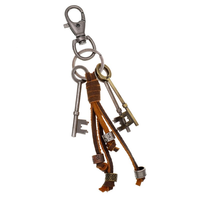 Rockyu Key Holder Mens Cowhide Leather Alloy Vintage Motif Fringe Long Type Brown Stylish Bag Charm Car Birthday Christmas Gift
