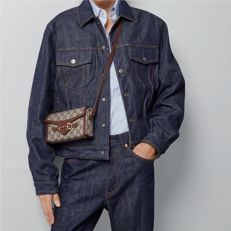Gucci Мини-сумка через плечо с логотипом Horsebit 1955 из канвы и кожи, унисекс, коричневый эбеновый цвет, 699296-92TCG-8563