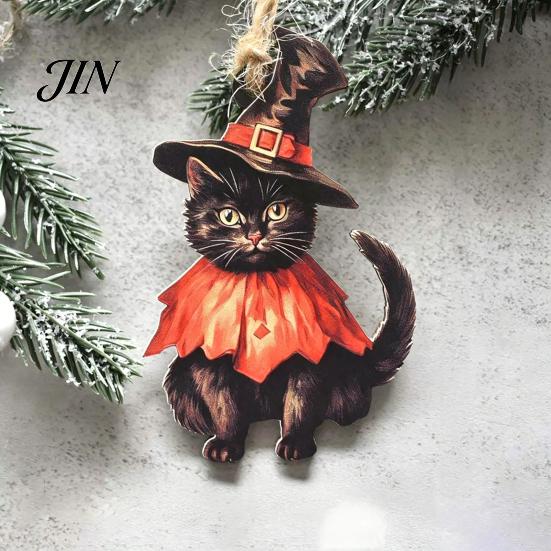 Watercolor Witch Cat Wood Decor Halloween Wooden Hanging Ornament, Decorative Pendant, Party Cute Holiday Favors for Tree And Window Pumpkin Sign