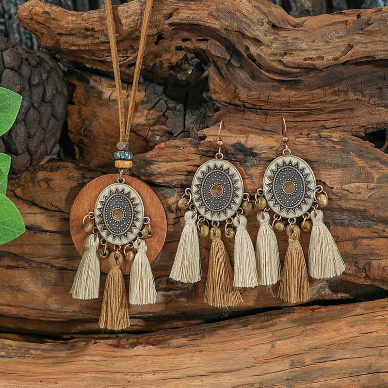 Vintage Ethnic Wooden Tassel Women's Jewelry Sets Bohemian Long Sweater Chain Holiday Daily Pendant Necklace Drop Earrings Gift
