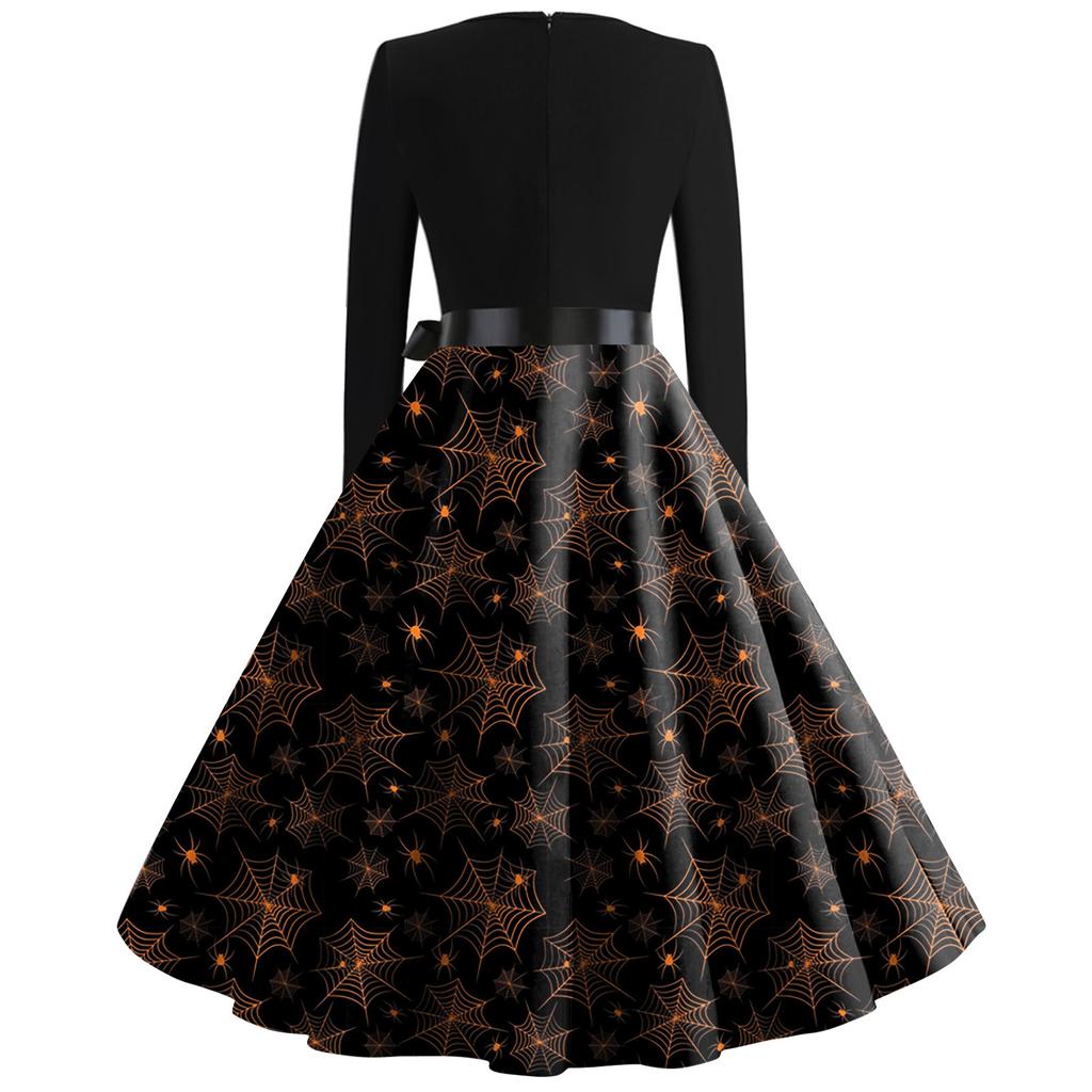 Women's Fashion Round Neck Casual Slim Fit Halloween Printed Long Sleeve Dress