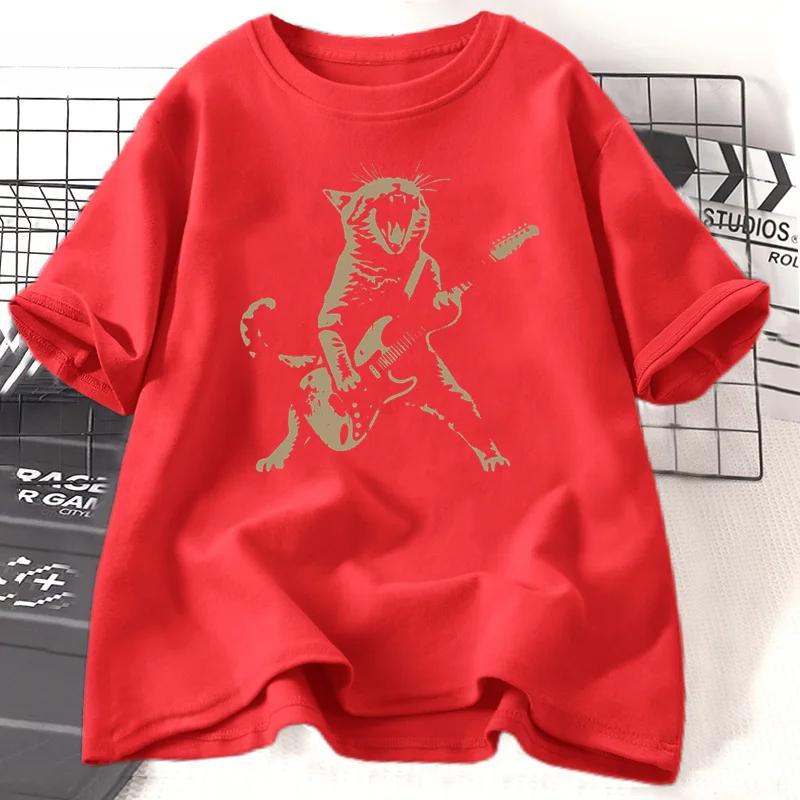 Рок-кот, играющий на гитаре, футболка женская мужская забавная футболка с котом-гитаристом повседневная футболка с коротким рукавом и круглым вырезом унисекс уличная одежда