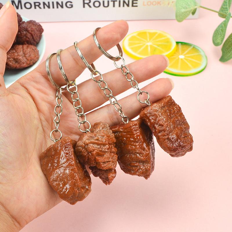 Simulation Beef Block Beef Keychain Imitation Food Pvc Beef Cubes Keyring Food Model Simulation Food Keychain Jewelry