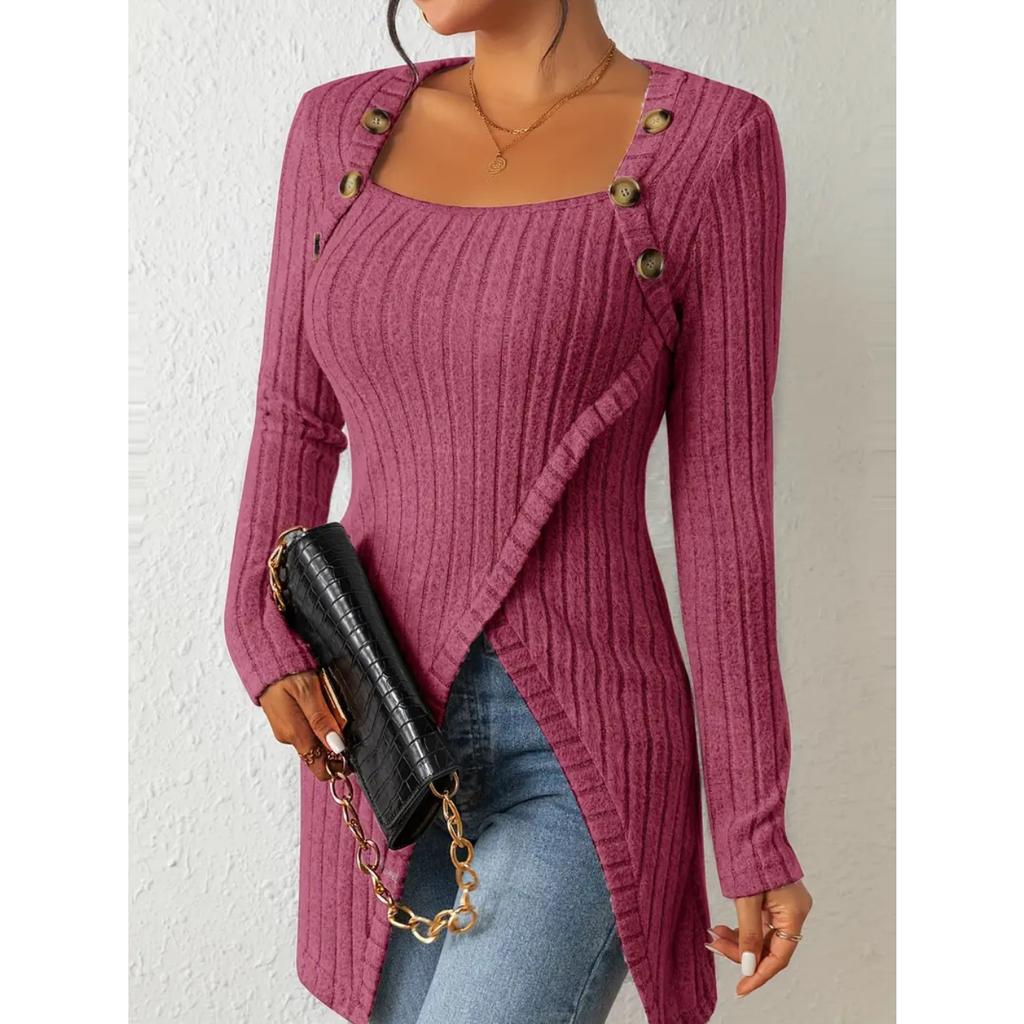 Женские модные топы, трикотажные, с пуговицами, U-образным вырезом, длинными рукавами, высоким боковым разрезом, прямой пуловер, универсальная повседневная футболка
