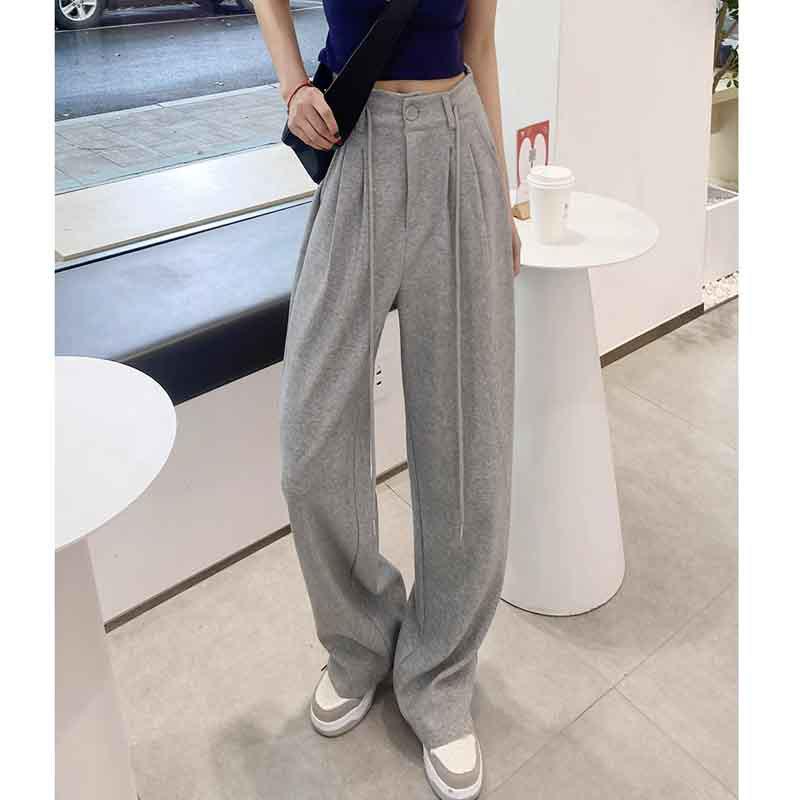 Маленькие серые спортивные штаны с высокой талией и кулиской для женщин - Свободные, стройнящие, широкие прямые штанины, повседневные джоггеры