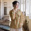 Women Chinese Style Shirts Tops V-Neck Long Sleeve Spring Print Floral Blouses Women Vintage Ramie Shirt