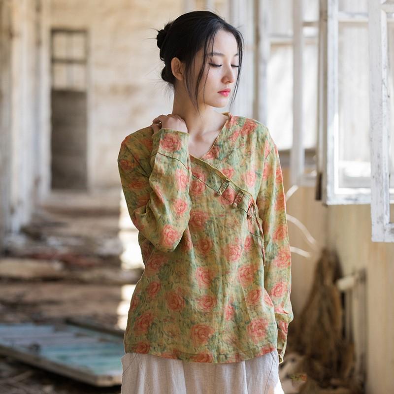 Johnature Women Chinese Style Shirts Tops V-Neck Long Sleeve Spring Print Floral Blouses Women Vintage Ramie Shirt