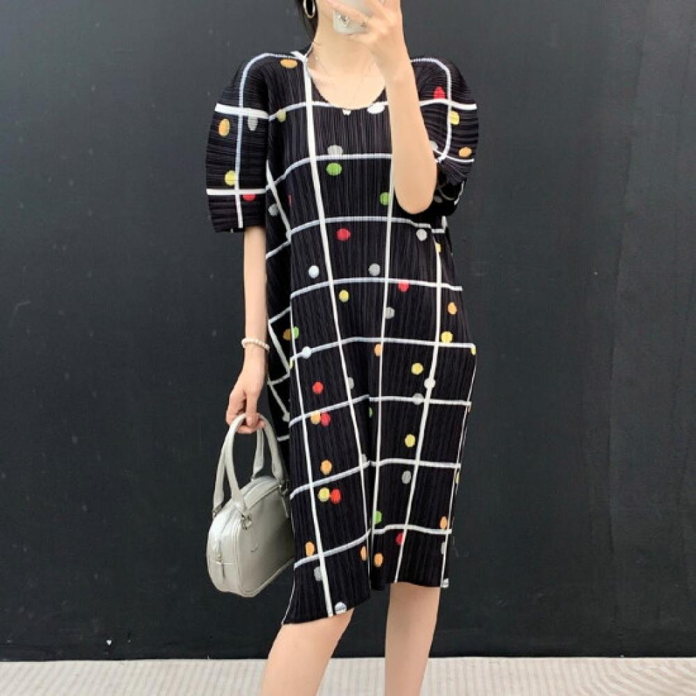 Plara Women Pleats Color Dot Dress