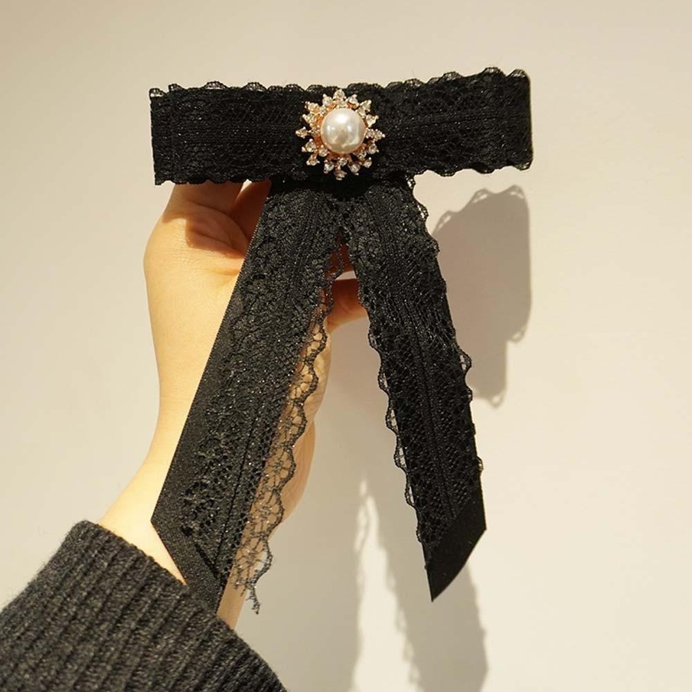 Rhinestone Pearls Tie Black Decoration Shirt Tie Hand-beaded Lace Necktie Women