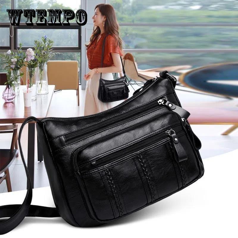 Черные портативные женские сумки на ремне из искусственной кожи, дорожные многослойные классические винтажные простые повседневные сумки с мягкой поверхностью