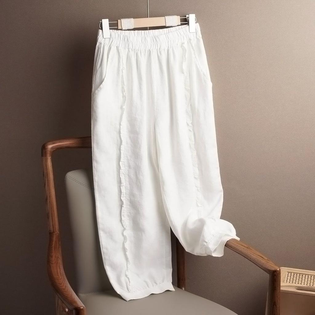 Летние легкие хлопково-льняные повседневные брюки с кружевной отделкой Женские свободные брюки-кюлоты длиной девять минут с широкими штанинами Универсальные
