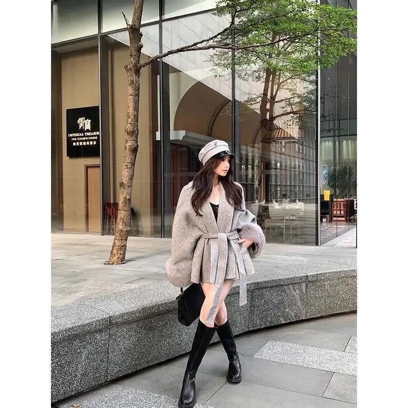 Fashion Black Strapped Woolen Coat Women Clothing Spring and Autumn Loose Premium Splicing Hairy Sleeve Winter Coats