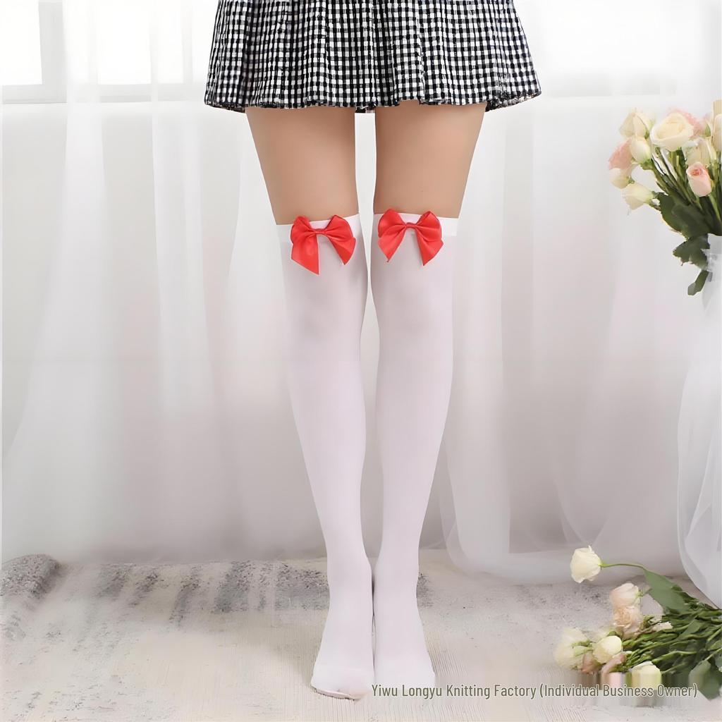 Velvet Thigh-High Socks with Red Bow for Halloween and Christmas