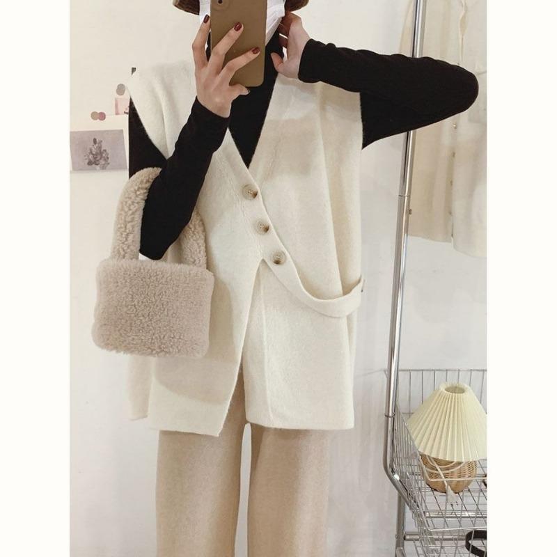 Дизайн косой пуговицы V-образный вырез вязаный жилет кардиган женский корейский вариант свободный ленивый безрукавный свитер жилет верхняя одежда жилет женский