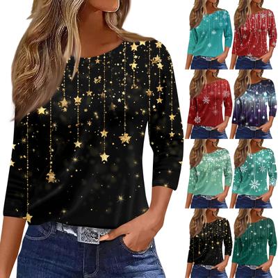 Женская модная повседневная футболка с круглым вырезом, цветочным принтом и рукавами три четверти