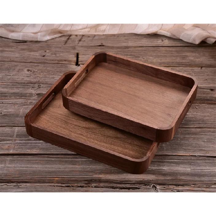 HeMu Rectangular Walnut Wood Serving Tray with Handles - Handcrafted Solid Wood Platter for Breakfast, Coffee & Kitchen Storage