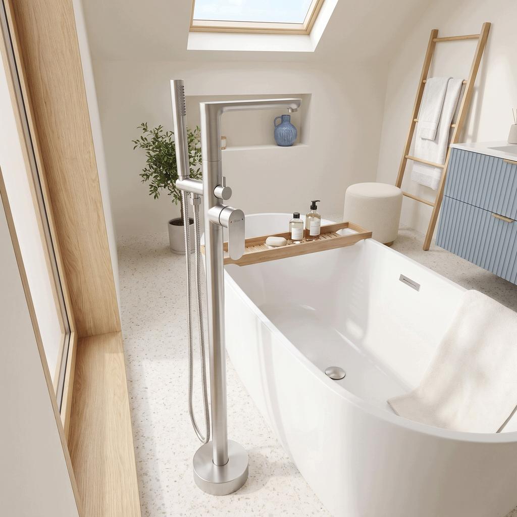 Logan Silver Brushed Nickel Floor-Mounted Bathtub Faucet