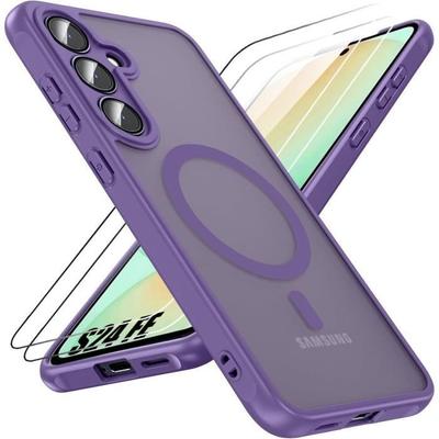 Чехол и 2 закаленных стекла для Samsung Galaxy S24 FE с магнитным кольцом и защитой камеры, силикон и поликарбонат, фиолетовый