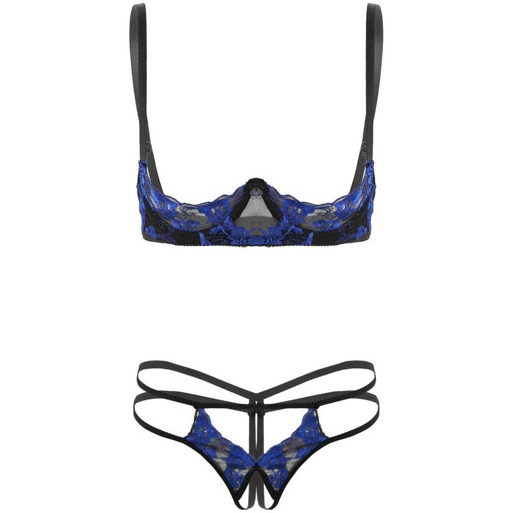 Женский комплект кружевного нижнего белья с вышивкой, бюстгальтер без подкладки на 1/4 чашки с трусиками, нижнее белье-стринги