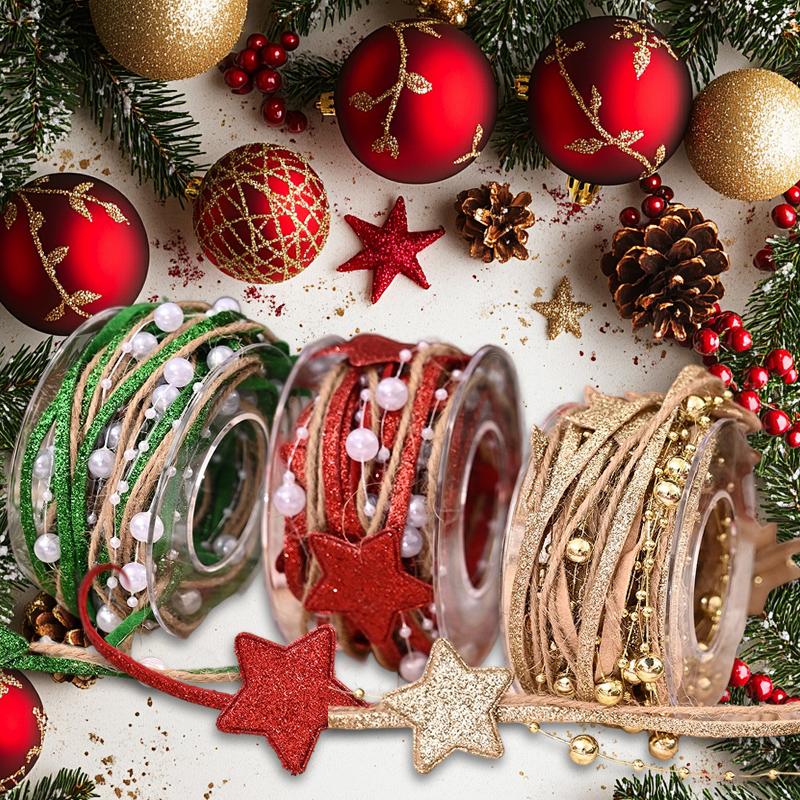 Рождественский дизайн с блестящими звездами, многофункциональный дизайн с жемчужной цепочкой, роскошная тесьма, подарочная упаковка, многослойный блеск, 5 ярдов