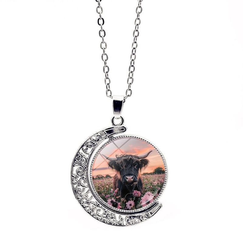 Scottish Rose Highland Cow Rotating Moon Women's Jewelry Retro Pendant Necklace