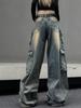 Harajuku 90s Y2k Vintage Baggy Jeans Women Grunge Washed Multiple Pockets Denim Cargo Pants Low Rise Casual Wide Leg Trousers