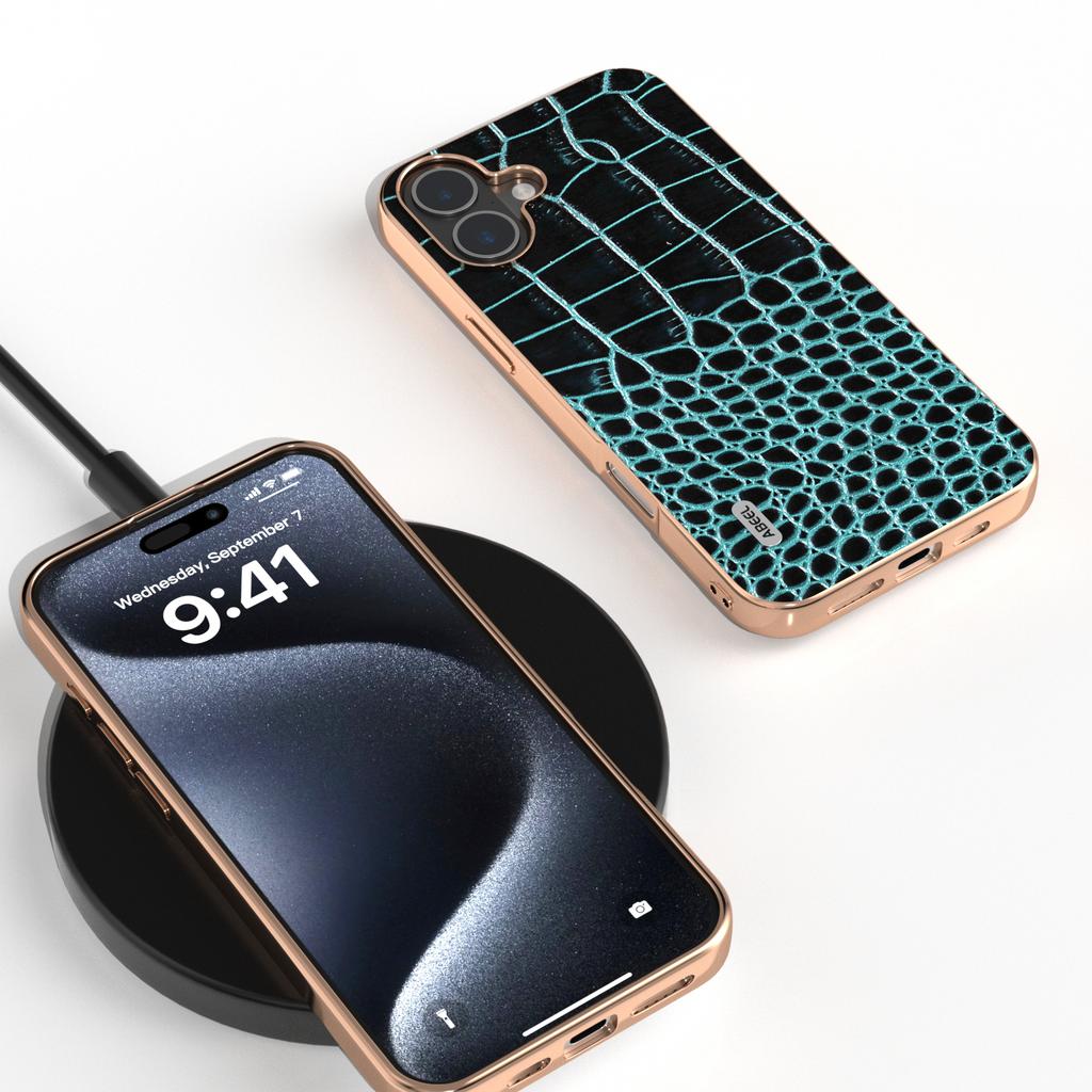 ABEEL For iPhone 16 Case Electroplating Edge Crocodile Texture Genuine Cow Leather Back Phone Cover